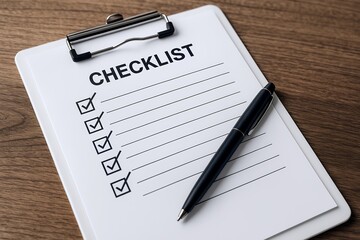 木製デスクの上に置かれたチェックリスト用紙とペンで確認作業を表現した業務イメージ