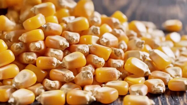 Fresh corn kernels falling onto a wooden surface, macro shot.