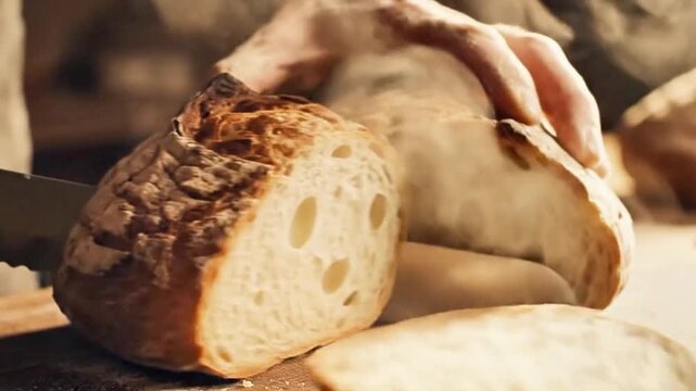 Fresh bread sliced revealing soft interior.
