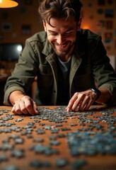 Puzzle Enthusiast Delving into a Thousand Piece Jigsaw Challenge in Cozy Interior