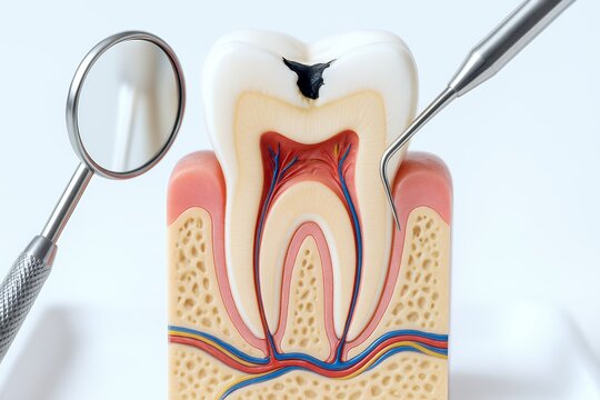 虫歯の進行を断面構造で解説する歯の模型と歯科治療イメージ写真