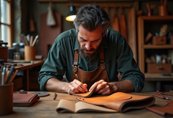 Skilled Leatherworker Creating Custom Wallet in Rustic Workshop Authentic Craftsmanship Tools