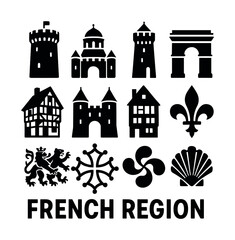 Fototapeta premium Black silhouette icon set of historic architecture and regional symbols with towers, castles, archway, heraldry emblems, and text label