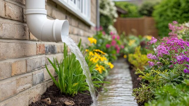A downspout directs water from a house into a garden path lined with flowers.