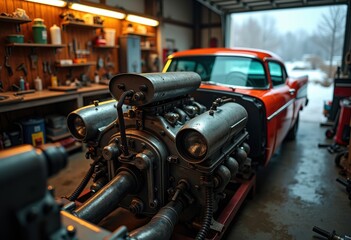 Fototapeta premium Vintage Classic Car Engine Restoration Mechanic Garage Repair Project