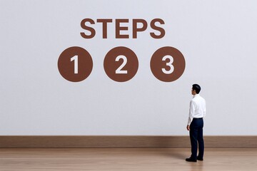 ステップ1から3までの手順を前に考え込む人物が計画立案や行動プロセスを象徴するビジネスイメージ