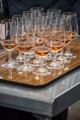 Obraz premium Special tasting event for visitors, pairing food with glass of champagne wine, delightful dishes prepared by renowned cook chefs at winter food and wine festival in France