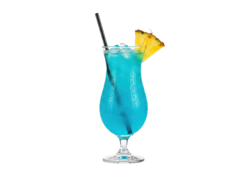 Vibrant blue hawaiian cocktail in a crystal stemmed glass, heavy condensation, crushed ice, and pineapple wedge garnish, isolated on a transparent background. Concept for premium refreshment - Powered by Adobe