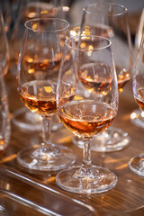 Obraz premium Special tasting event for visitors, pairing food with glass of champagne wine, delightful dishes prepared by renowned cook chefs at winter food and wine festival in France