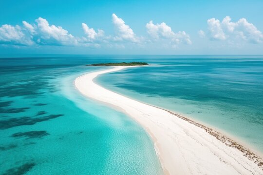 An aerial view of a long, curved white sandbar extending into the turquoise ocean, bordered by a thin strip of white sand and a dark blue waterline.