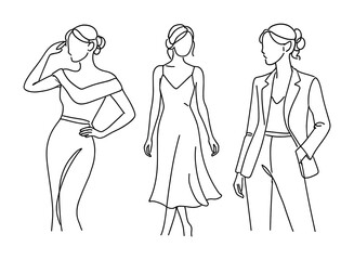 Fototapeta premium Minimalist line art illustration of three female fashion silhouettes wearing an off-shoulder dress, a flowing sundress, and a tailored pantsuit