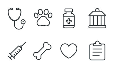 Outline icon set of veterinary care and animal health symbols including stethoscope, paw print, medicine bottle, syringe, bone, heart, clipboard