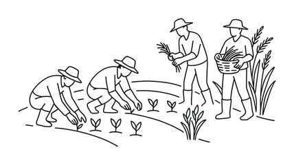 Fototapeta premium Minimal line art illustration of farmers planting seedlings in cultivated field rows, with workers holding baskets and tending crops in agriculture