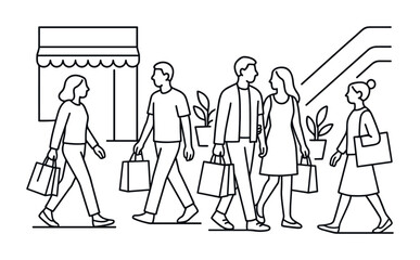 Line art illustration of shoppers carrying bags in a retail mall corridor with storefront awning, plants, and escalator for shopping concept