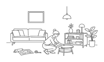 Minimal line drawing of a woman assembling a small table in a cozy living room with sofa, bookshelves, plants, tools, and instruction manual