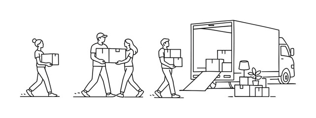 Line drawing of moving team carrying boxes to a delivery truck with open ramp, illustrating relocation service, logistics, packing, and transport