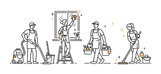 Minimal line illustration of a cleaning crew performing household chores, vacuuming, window washing, mopping floors, and carrying supplies