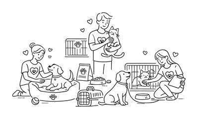 Volunteer caregivers petting dogs and cats in an animal shelter with crates, bowls, toys and hearts, showing compassion, rescue and adoption