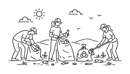 Volunteers collecting litter outdoors, placing bottles and trash into bags for recycling during a community cleanup on a sunny day