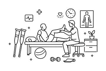 Physical therapy session illustration showing therapist assisting patient leg exercises on treatment table with medical icons and rehab equipment