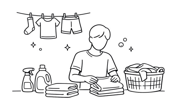Minimal line illustration of a person folding clean laundry at home with detergent bottles, folded towels, and clothes drying on a clothesline