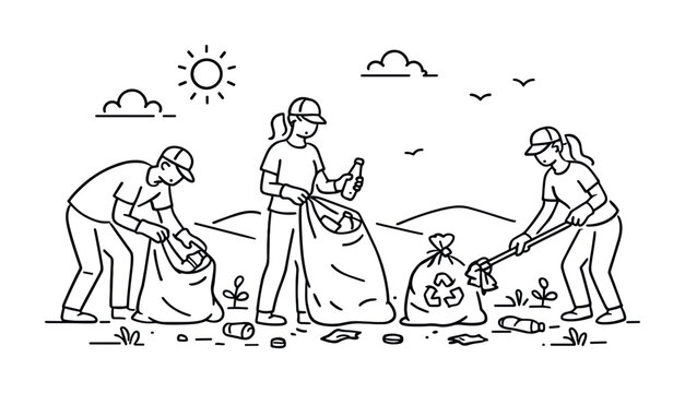 Volunteers collecting litter outdoors, placing bottles and trash into bags for recycling during a community cleanup on a sunny day