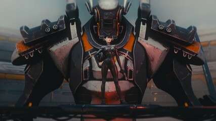 3d illustration. Female pilot in black cyber suit stands on bridge holding pistol and helmet. Behind her a majestic giant mech in huge sci-fi hangar with sky view. Epic mecha war concept art render.