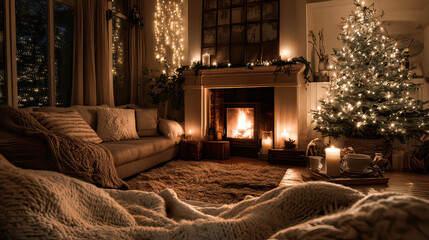 Nighttime Cozy Living Room with Warm Fairy Lights Glowing Christmas Ambiance on Transparent Background