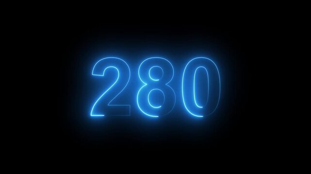 Abstract glowing Neon 280 number educational mathematics text icon animation on black background. a dynamic motion and glowing neon number countdown icon animation. 