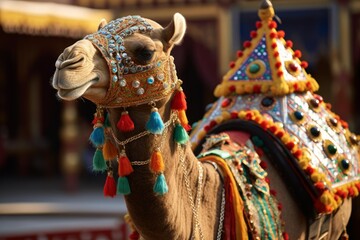 Close up of a decorated camel wearing colorful tassels and saddle, showcasing the vibrant atmosphere of pushkar camel fair