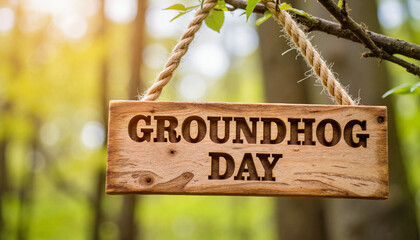 Wooden sign with "Groundhog Day" inscription hanging in the forest for seasonal celebration