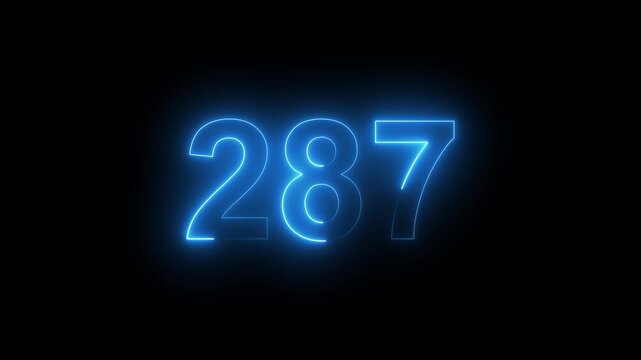 Abstract glowing Neon 287 number educational mathematics text icon animation on black background. a dynamic motion and glowing neon number countdown icon animation. 