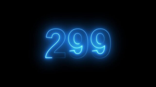Abstract glowing Neon 299 number educational mathematics text icon animation on black background. a dynamic motion and glowing neon number countdown icon animation. 