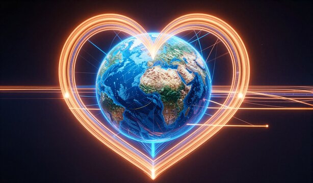 Heart-shaped light trails encircle Earth, symbolizing love and protection for our planet in cosmic darkness. - Powered by Adobe