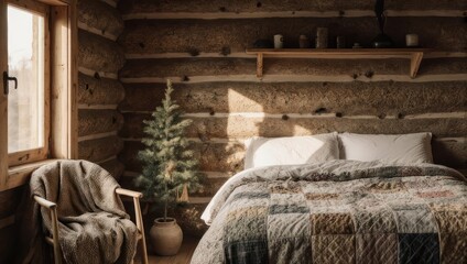 Cozy Cabin Bedroom with Natural Light and Rustic Charm.