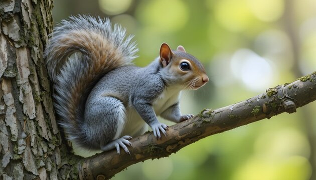 Grey squirrel perched on a tree branch, showcasing its natural fur texture and alert posture - Powered by Adobe