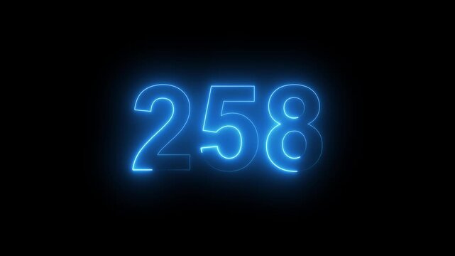 Abstract glowing Neon 258 number educational mathematics text icon animation on black background. a dynamic motion and glowing neon number countdown icon animation. 