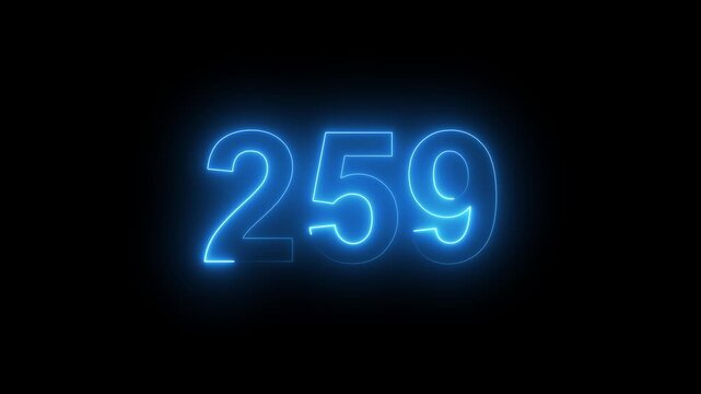 Abstract glowing Neon 259 number educational mathematics text icon animation on black background. a dynamic motion and glowing neon number countdown icon animation. 
