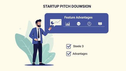 Businessman Presenting Startup Pitch Deck with Feature Advantages and Benefits