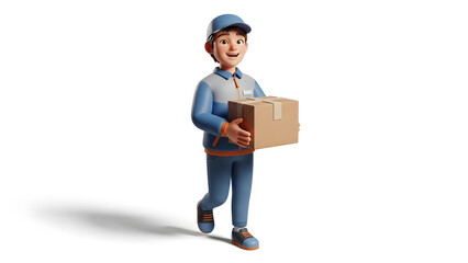 Smiling 3D delivery man in uniform holding a package, ready for service, isolated on white background