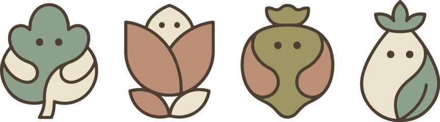 Cute Abstract Botanical Symbol Vector Set. Kawaii Flower Bud, Leaf, and Seed Shapes.