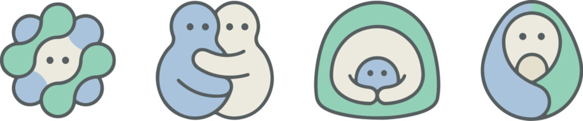 Fototapeta premium Cute Abstract Care and Protection Icon Set. Kawaii Hugging Blobs and Swaddled Characters.