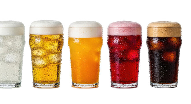 six condensation-coated pint glasses of specialty craft sodas in a vibrant color gradient against a transparent studio void, emphasizing extreme coldness and freshness concept for beverage advertising