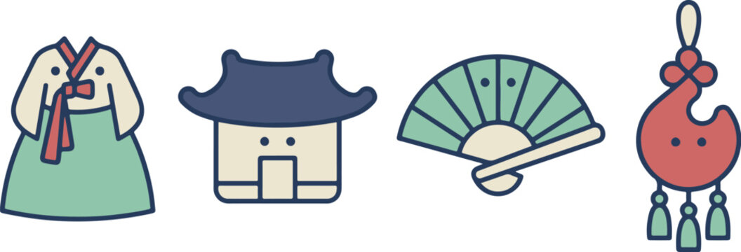 Cute Korean Traditional Culture Icon Vector Set. Kawaii Hanbok, Hanok House, Fan, and Norigae.