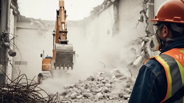 Construction Worker Overseeing Demolition Site with Excavator in Action