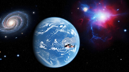 Naklejka premium Stunning cosmic view of a blue planet with galaxies and nebulae in the background.