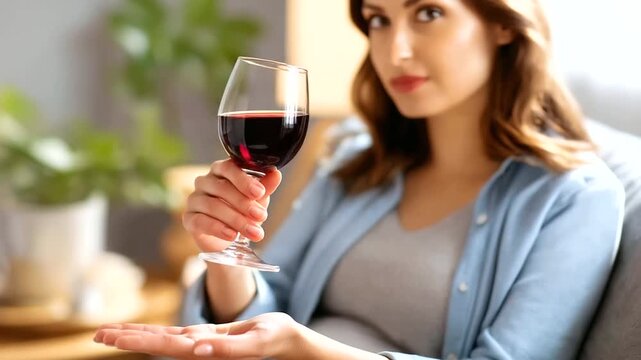 Faceless pregnant woman refusing red wine glass for unborn baby health protection, alcohol abstinence during pregnancy, responsible maternal care, with copy space