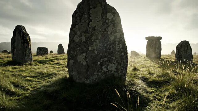 Ancient standing stones on a misty, sun-drenched grassy field