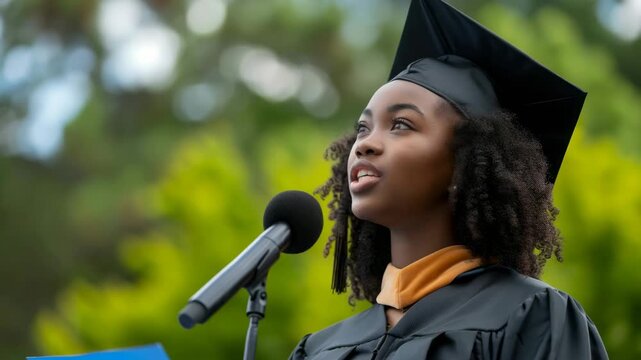Graduation Speech: A graduate, adorned in cap and gown, delivers a passionate speech at a ceremony. capturing the essence of aspiration, achievement, and the commencement of a new chapter.