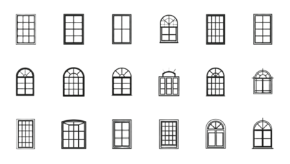 Diverse architectural window designs in black and white vector illustrations, featuring various frame types and styles for building and interior design projects